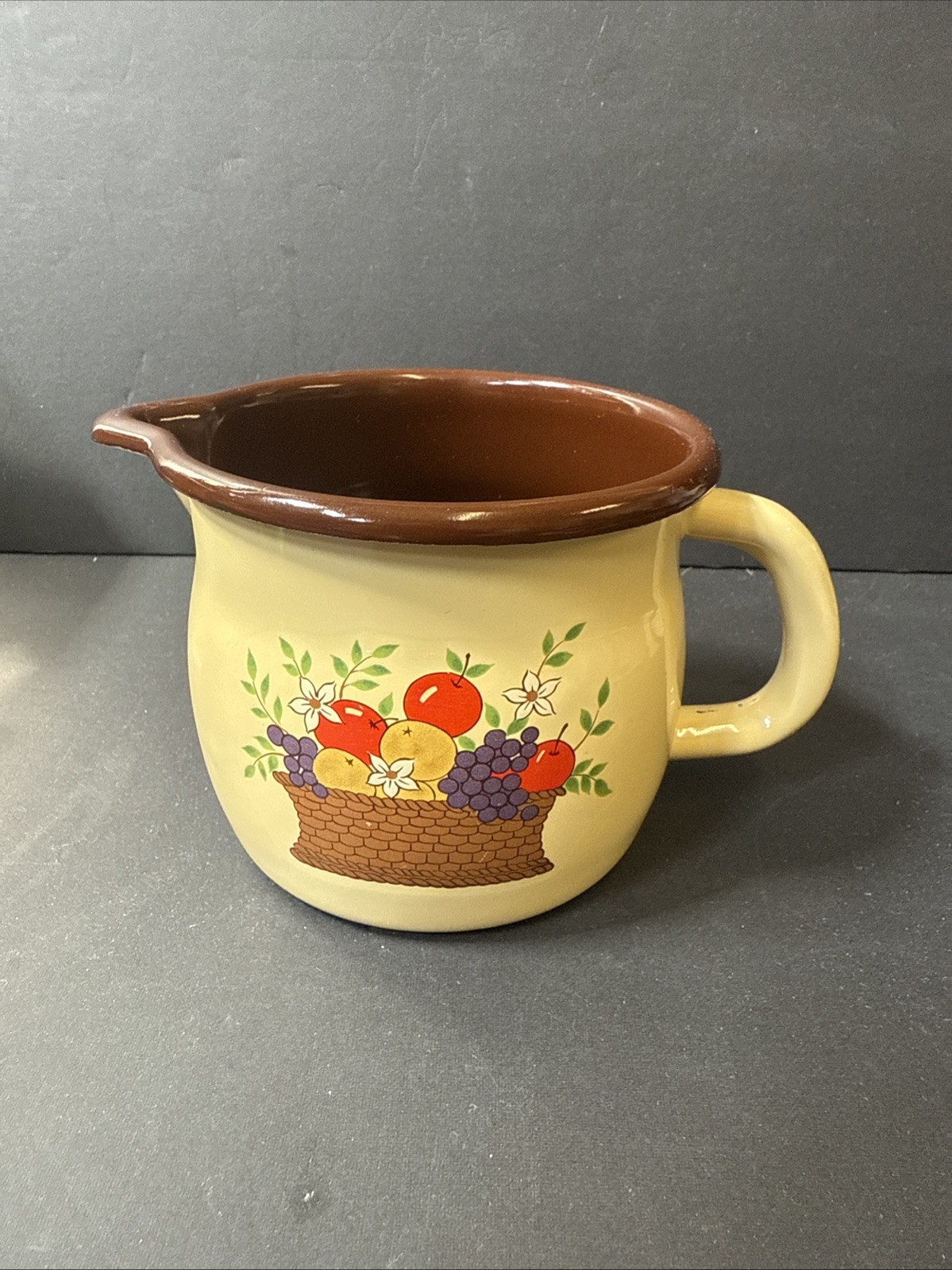 Vintage FTD Enamelware Pitcher 1986 Fruit Basket Cream & Brown Jug