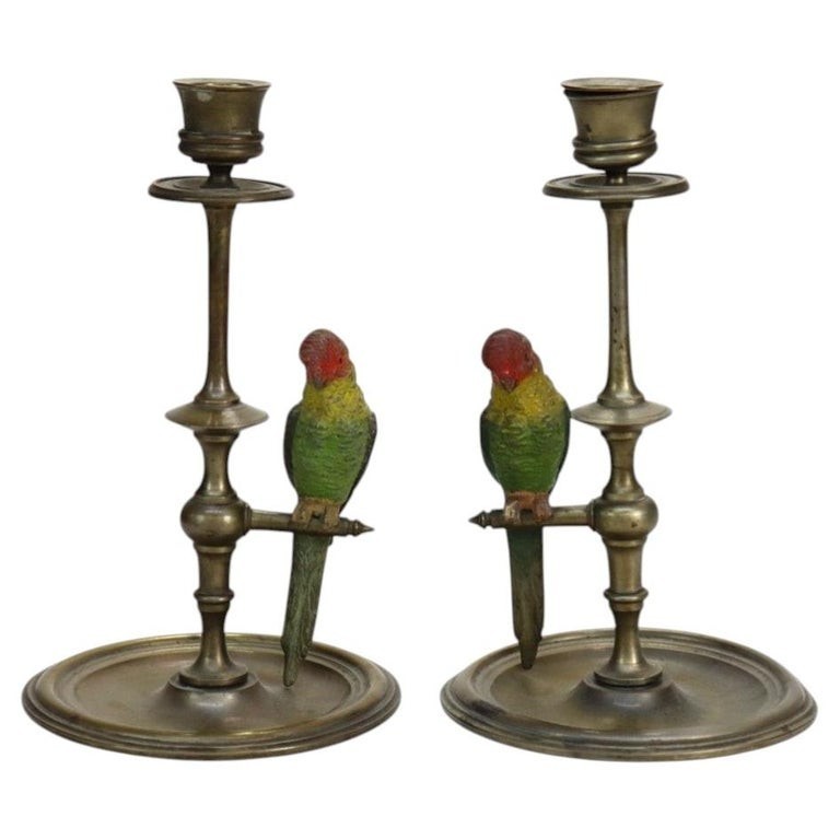 Pair Antique Brass Candlesticks & Cold Painted Bergman Bronze Parrots C1920 Pair Antique Brass Candlesticks & Cold Painted Bergman Bronze Parrots C1920