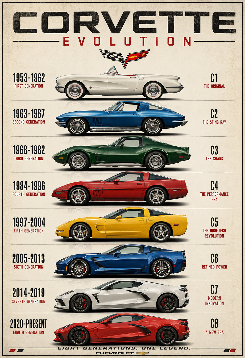 Corvette Evolution Poster 1953-2025 Classic Sports Car Timeline Print Poster