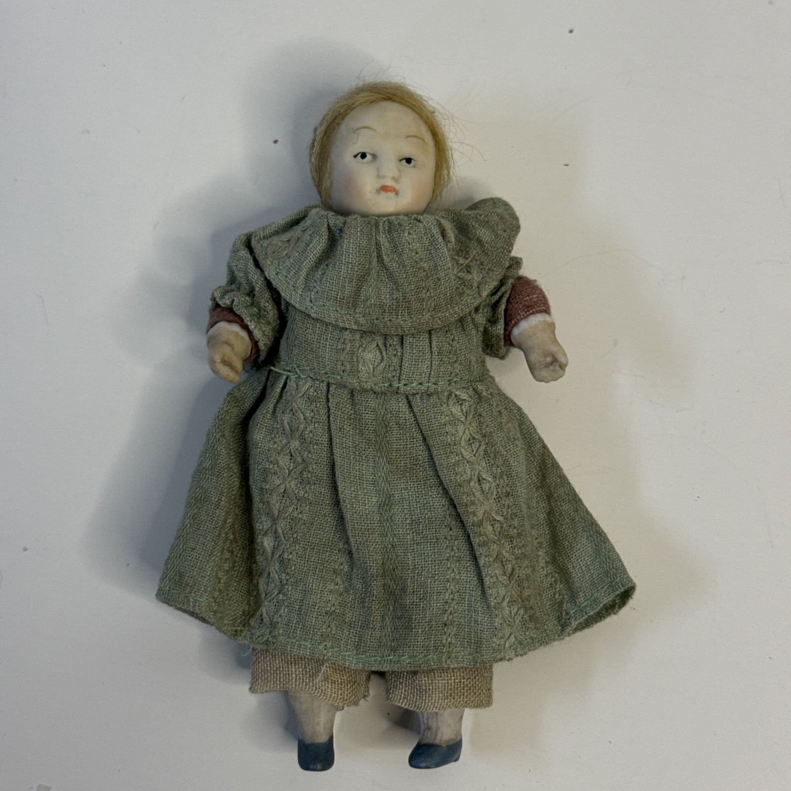 Antique Dressed Doll Girl w/ Realistic Hair Ceramic Bisque Body 4.5\