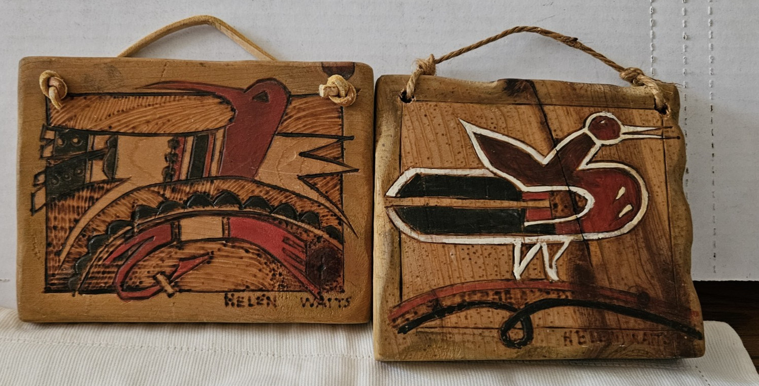 Set of Two Folk Art Wall Decor Carved Native Alaska Bird Symbols by Helen Waits