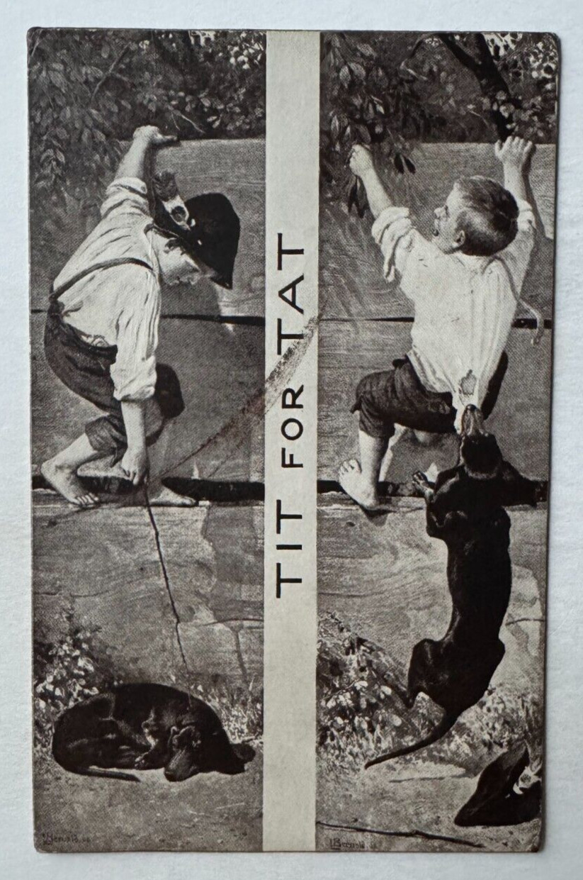 Vintage 1907 Comic Postcard Boy Teasing Dog Fence 
