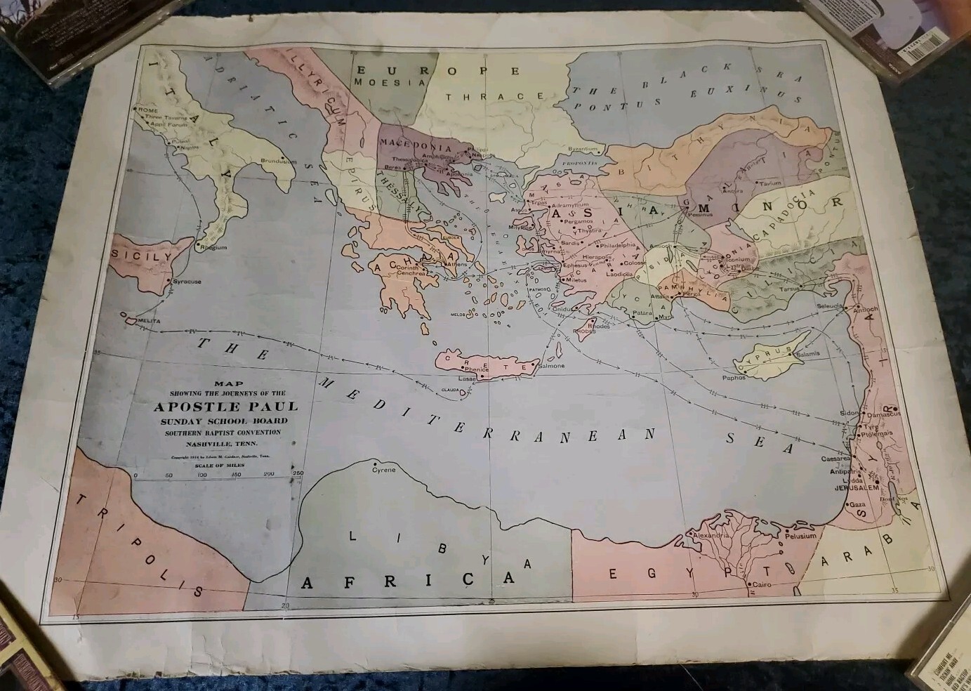 The Journeys Of The Apostle Paul Sunday School Board Map Vintage Antique 1914