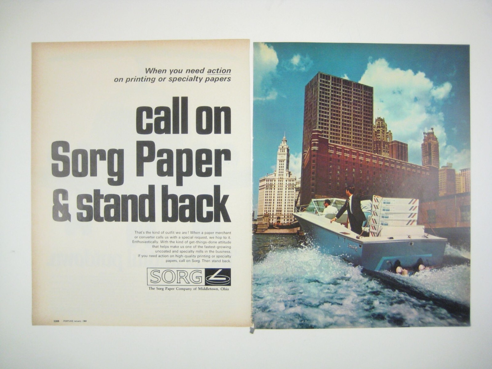Vintage 1960s Sorg Paper Advertising Print Ad Boat Cityscape MOD