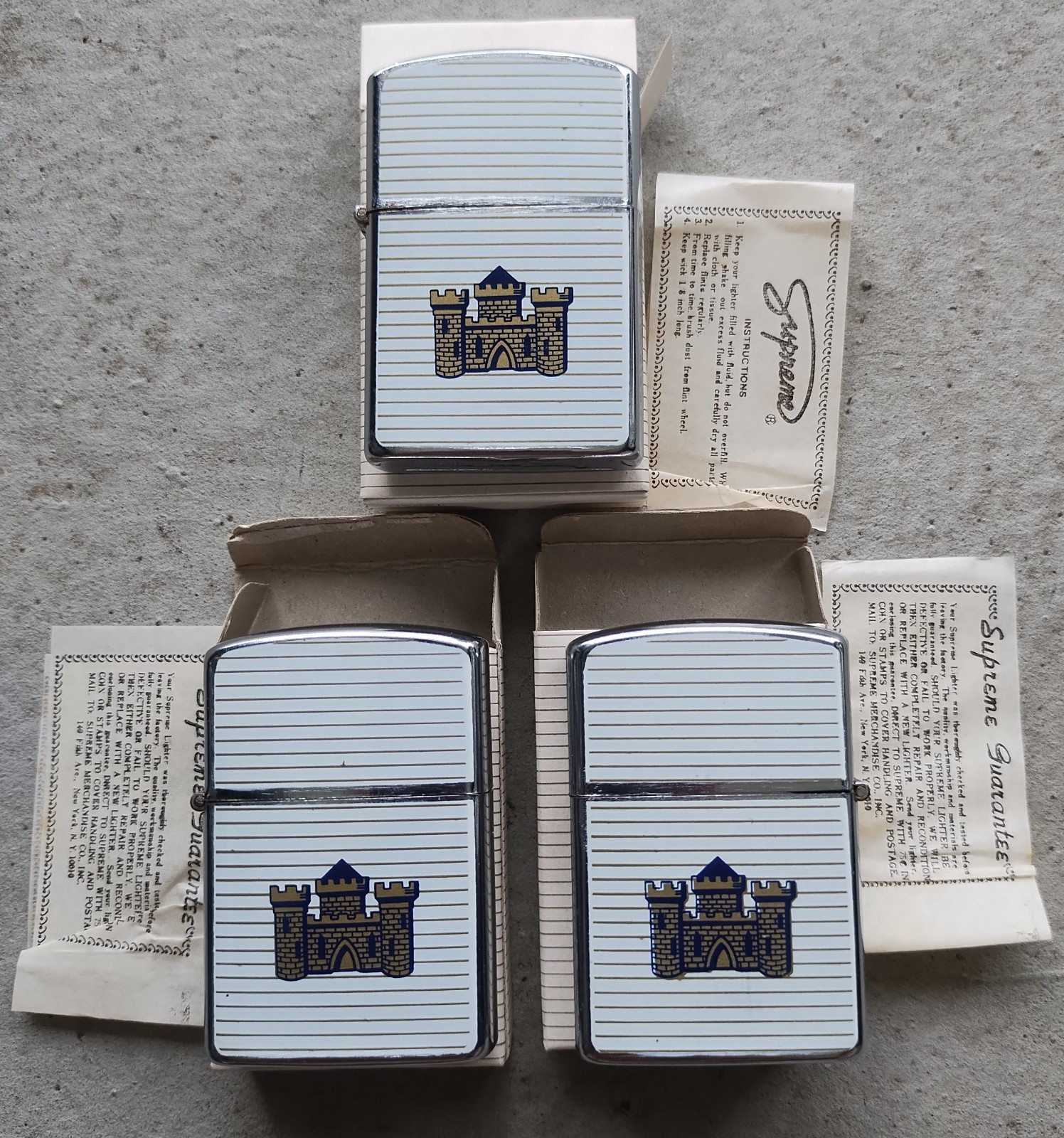 VINTAGE LDL FLIP TOP SUPREME CASTLE CIGARETTE LIGHTER KENT BRAND IN BOX LOT OF 3