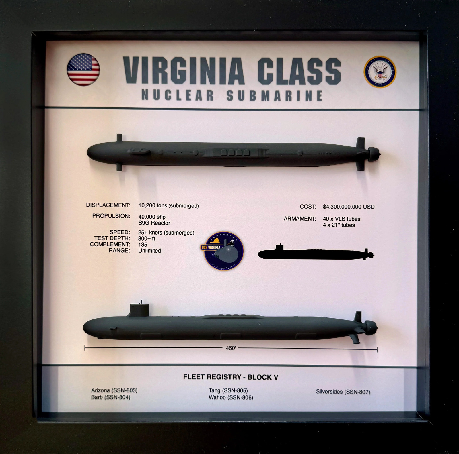 Virginia Class Block V with VPM, Submarine Memorial Display Shadow Box, SSN-803 Virginia Class Block V with VPM, Submarine Memorial Display Shadow Box, SSN-803
