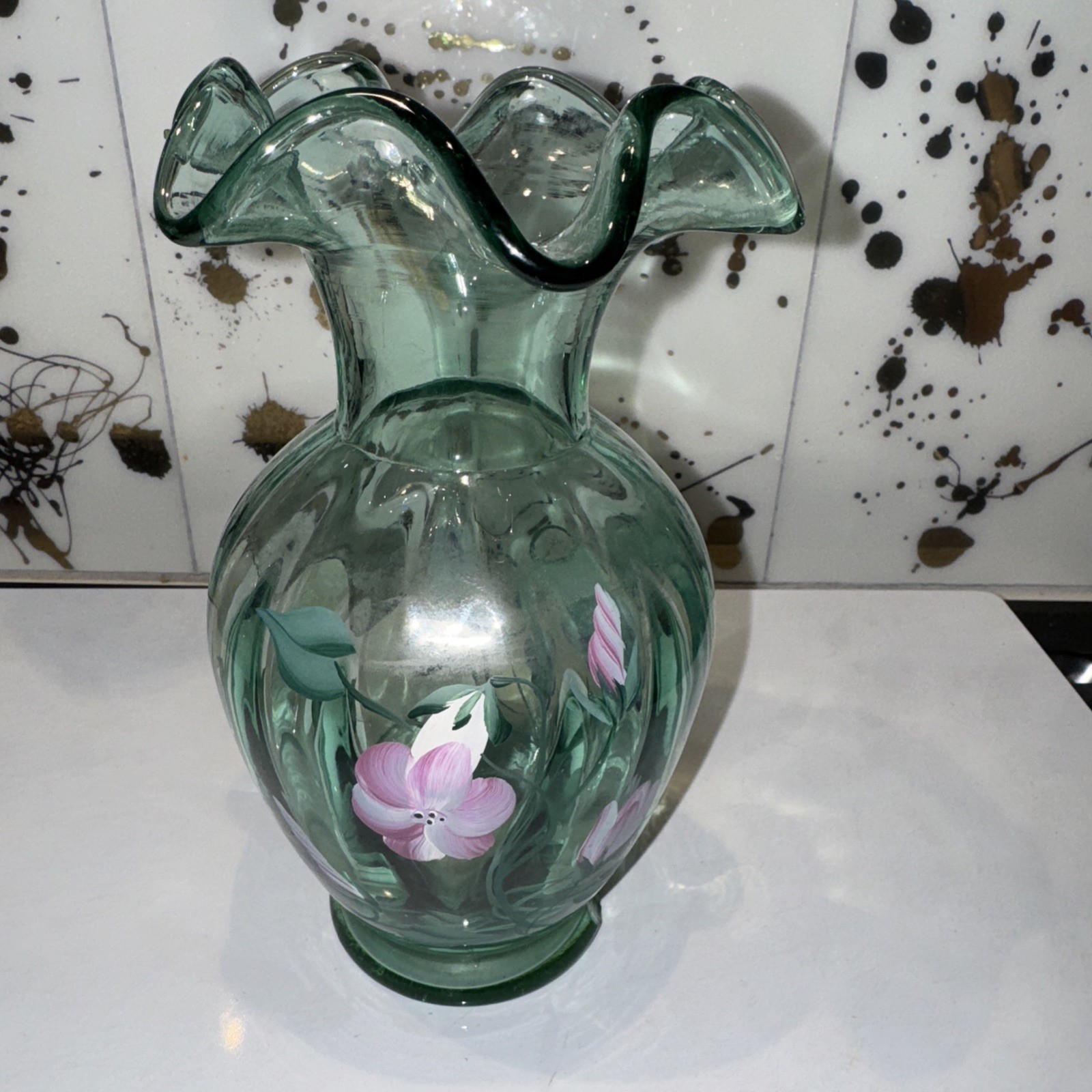 VTG  Fenton Sea Mist Green Glass Vase Handpainted Flowers Signed JL  Fowler Tag