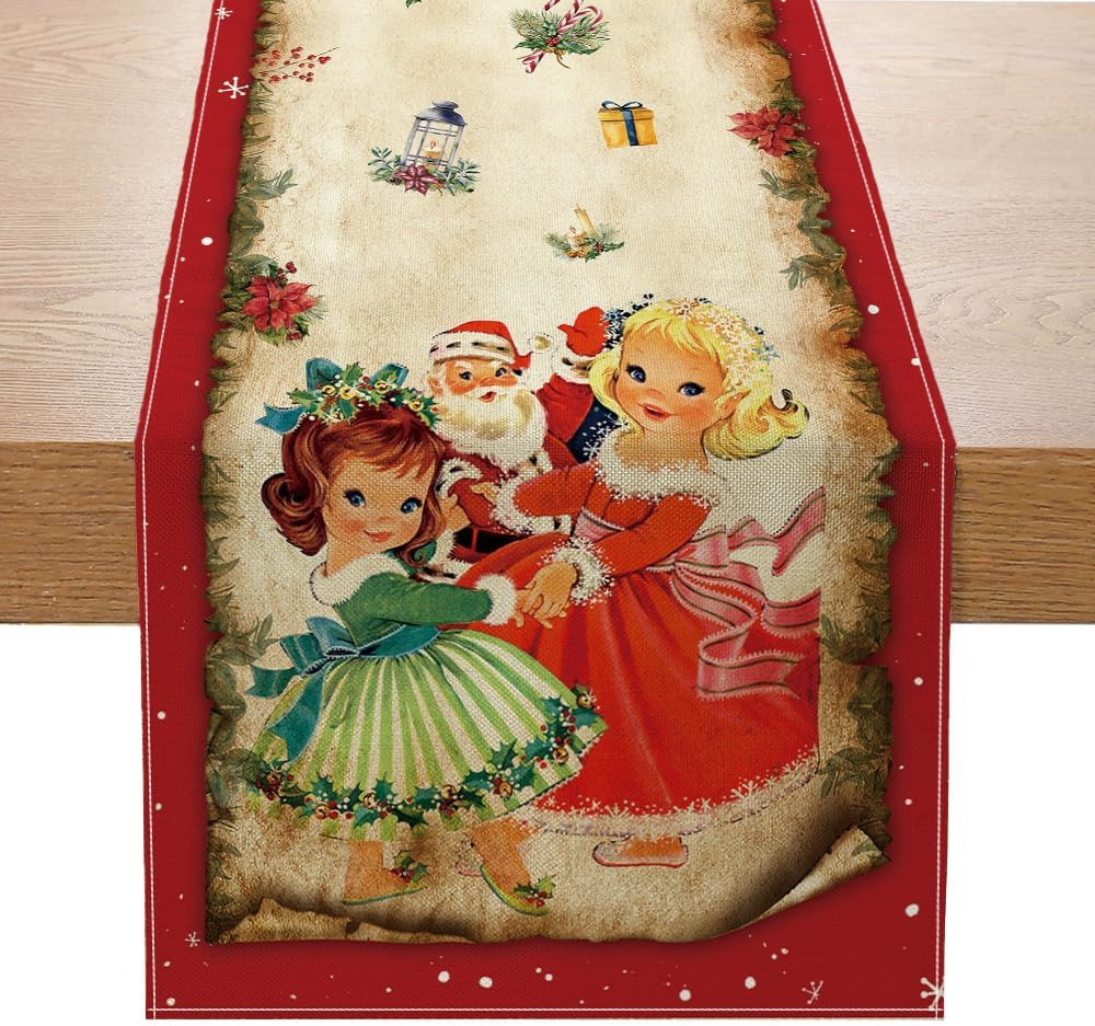 Vintage Santa Claus Table Runner - Red Vintage Style Santa Claus Girls Merry Chr