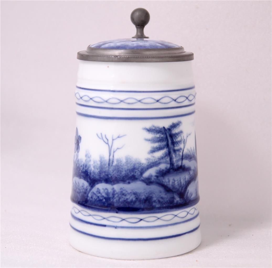 Large Antique Delft Style Porcelain Beer Stein w/Lithophane Swaine Co c.1920s