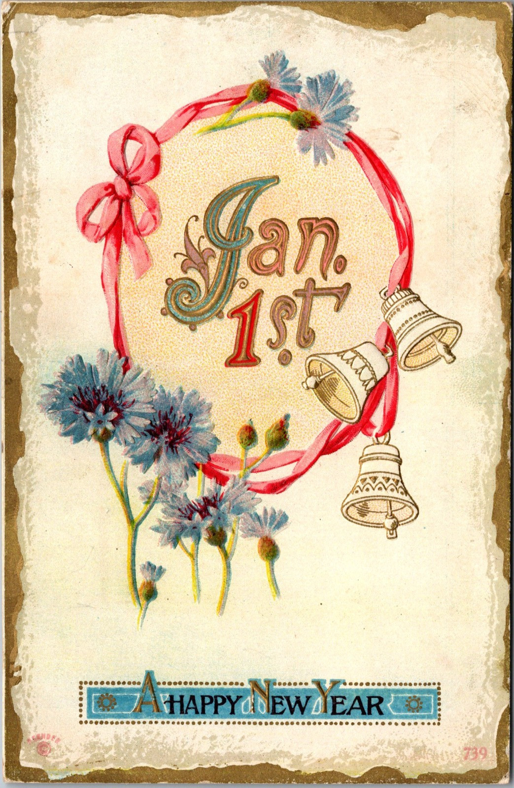 Happy New Year Jan. 1st Bells Flowers Postcard c1910s Posted Happy New Year Jan. 1st Bells Flowers Postcard c1910s Posted