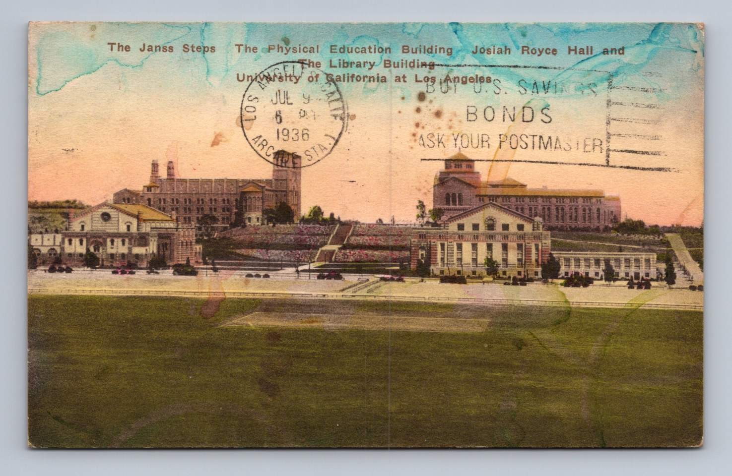 Antique California Postcard LOS ANGELES Ucla Janss Steps Royce Hall 1936