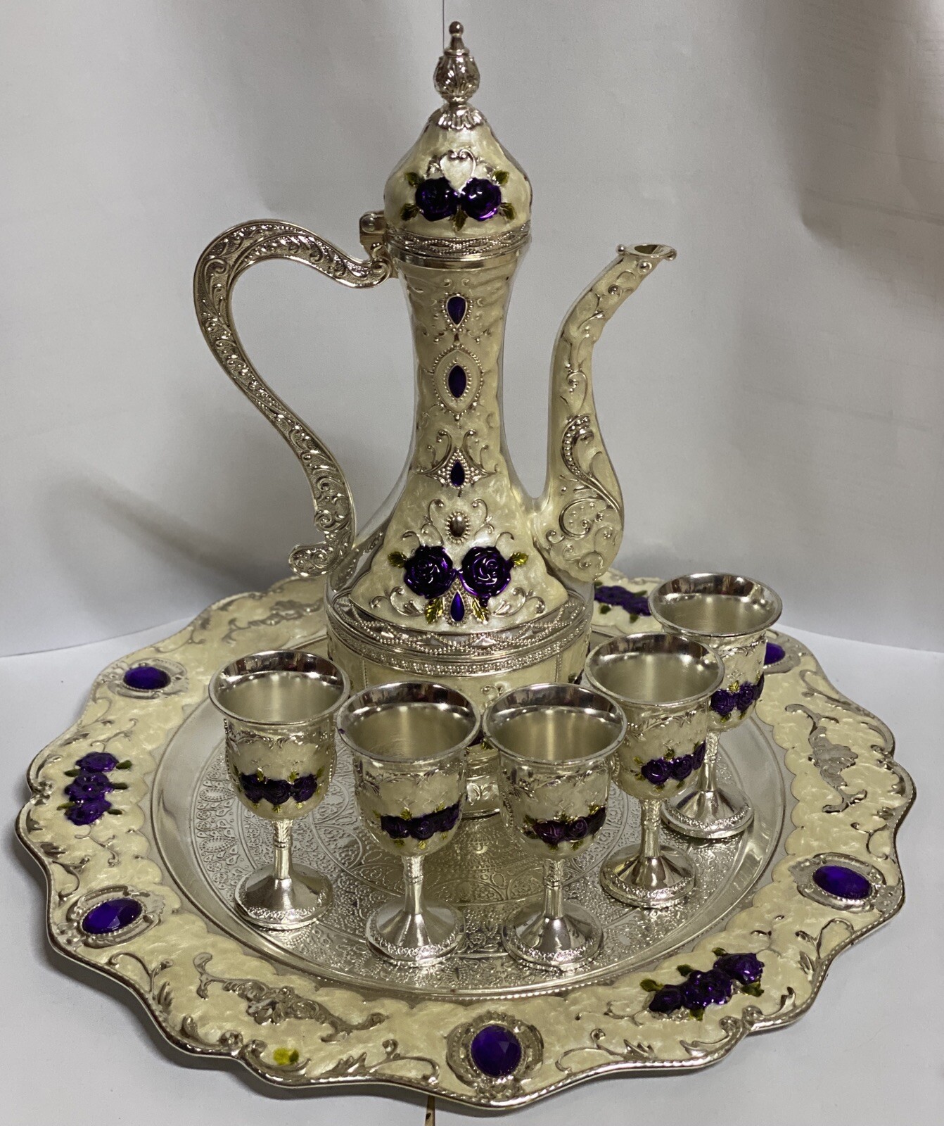 Vintage 7 Silver Engraved Brass Pitcher Tea Pot Jug White Agate Collectibles