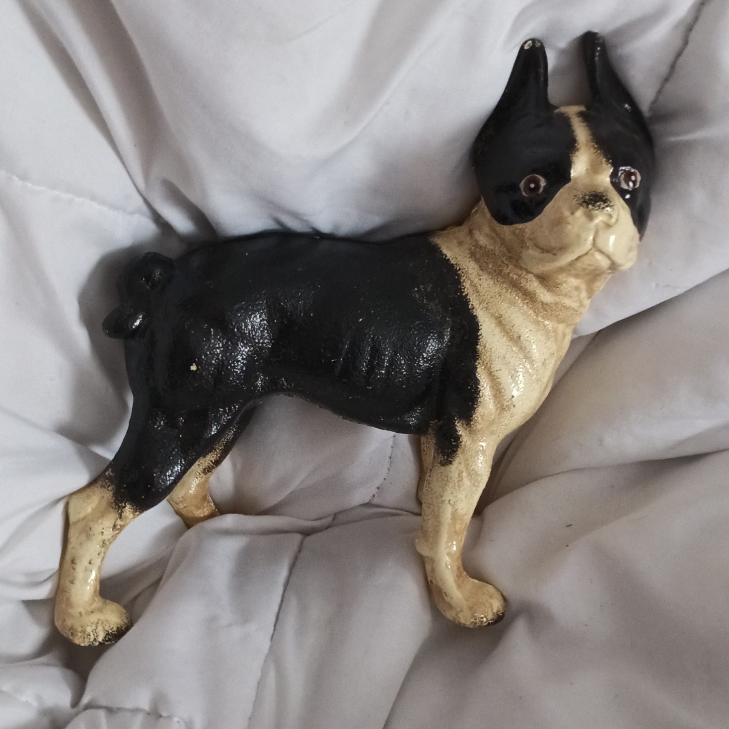 Antique Hubley cast Iron Boston Terrier Doorstop/ Bank original paint Slot 1916 Antique Hubley cast Iron Boston Terrier Doorstop/ Bank original paint Slot 1916