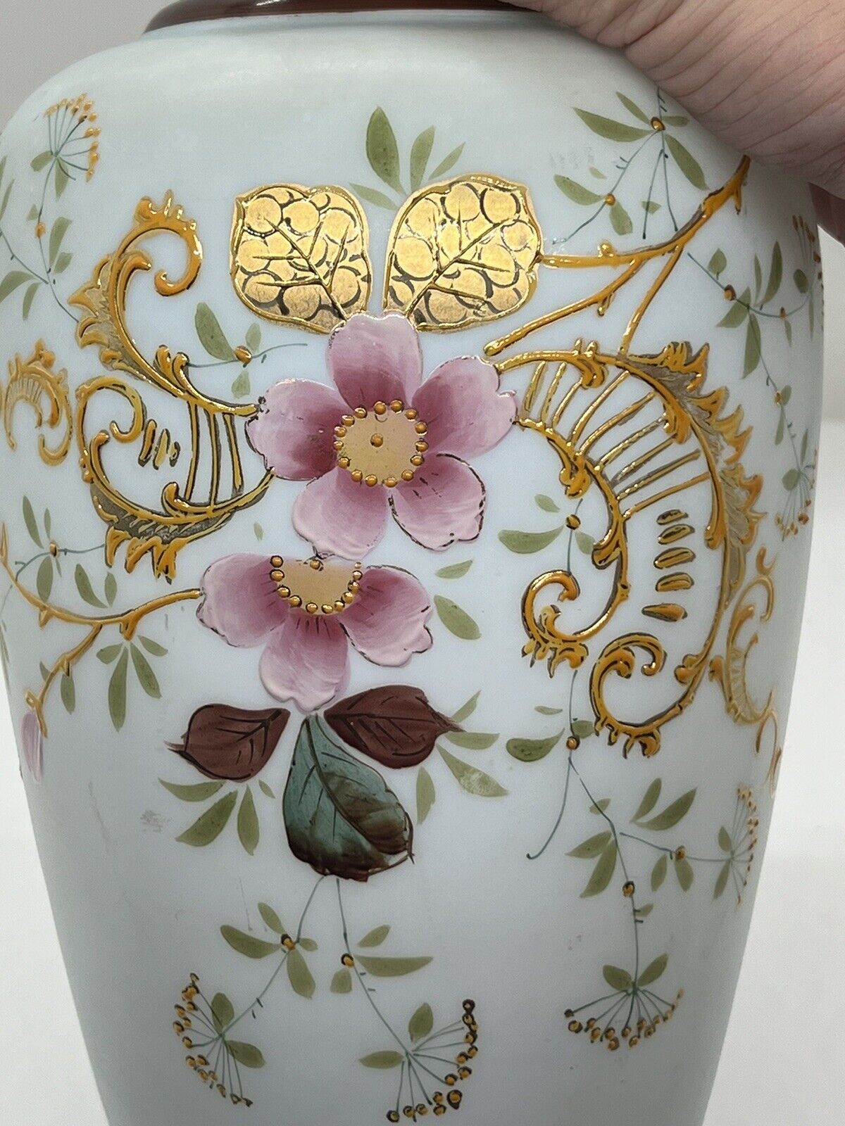 vintage Czech Bohemian art Bristol glass Gold Gilded Flowers And Leave Vase