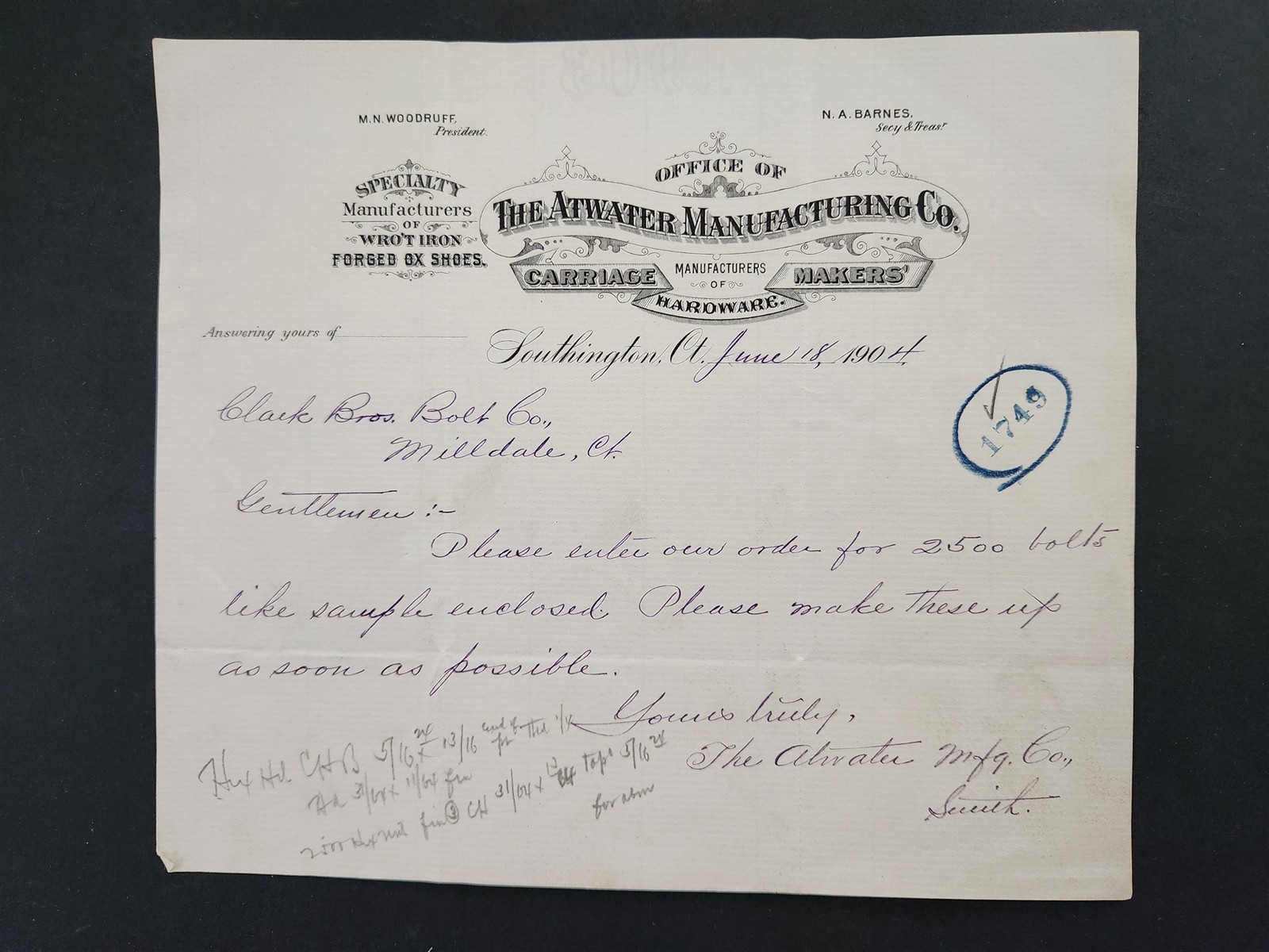 1904 antique ATWATER MANUFACTURING CO southington ct CARRIAGE HW MAKERS clark 