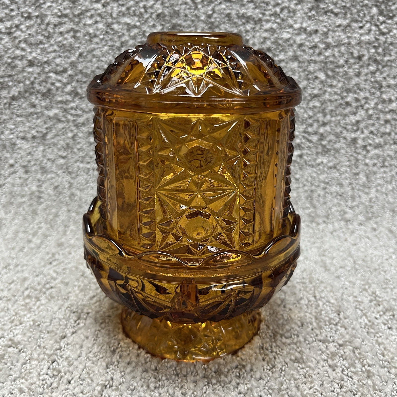 Vintage Indiana Glass Stars and Bars Amber Fairy Lamp 2 Piece Candle Holder