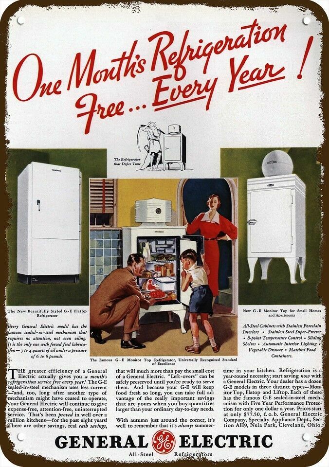 1935 GE MONITOR TOP Refrigerator Vintage-Look-Edge DECORATIVE REPLICA METAL SIGN 1935 GE MONITOR TOP Refrigerator Vintage-Look-Edge DECORATIVE REPLICA METAL SIGN
