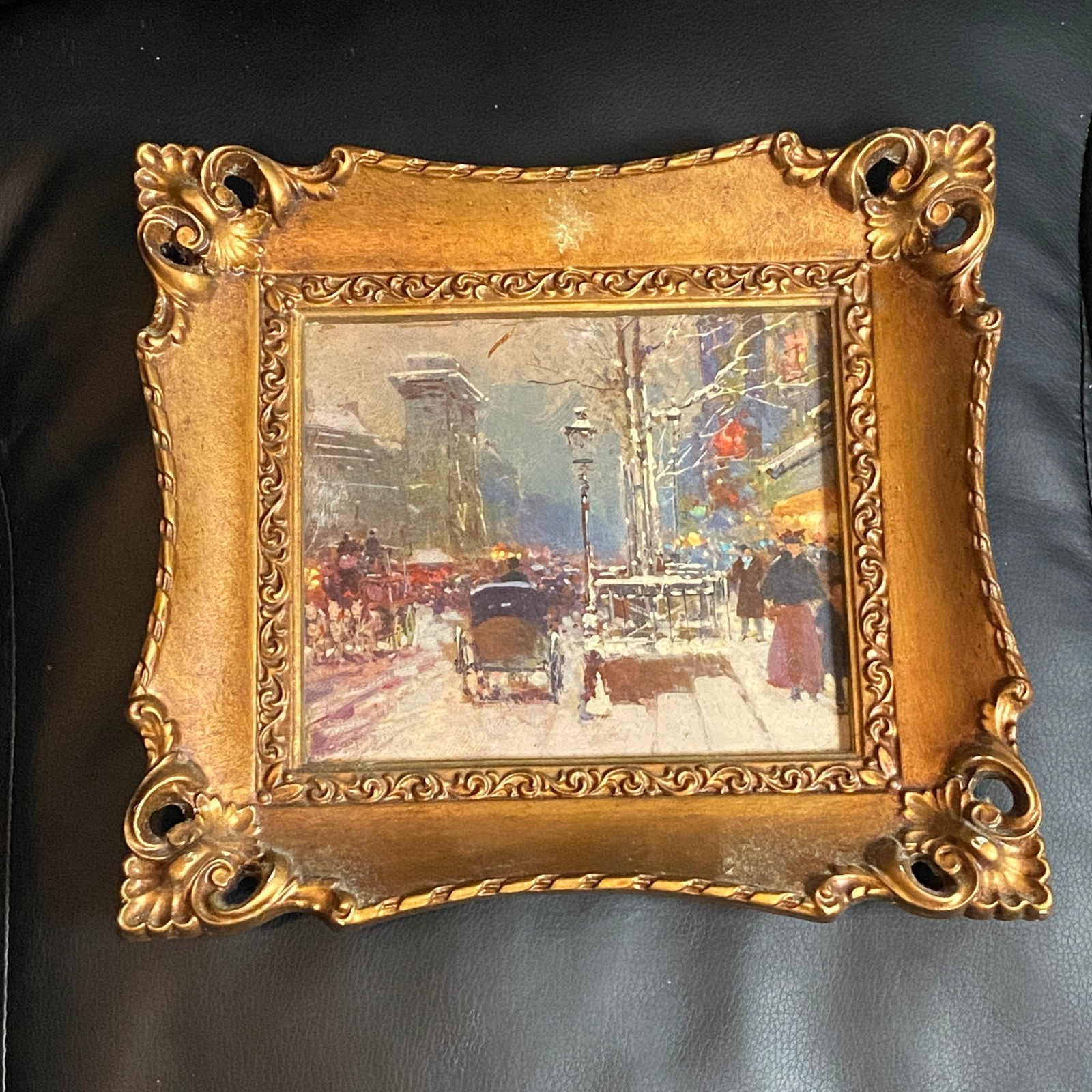 Vintage Ornate Gold Picture Frame with Impressionist Street Scene Print 10x9.5