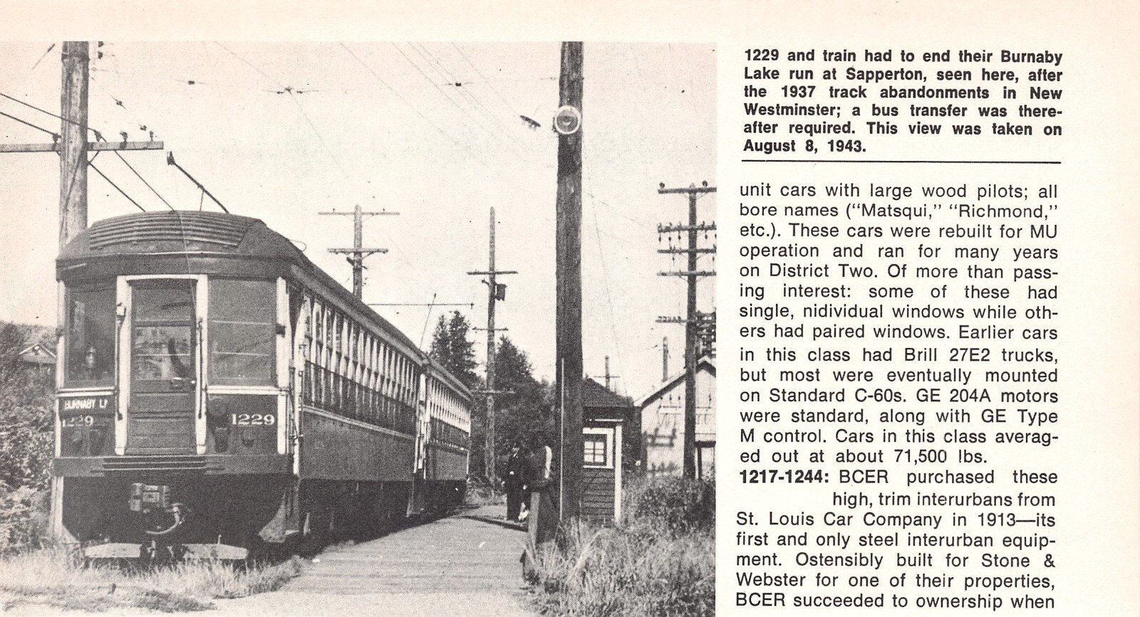 Old Electric Train #1229 At Sapperton Station, August 8, 1943 Vtg Mag Excerpt