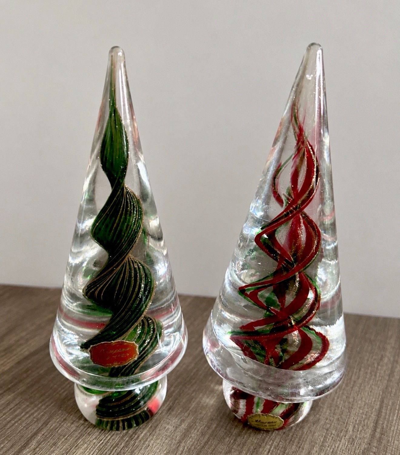 Vtg MCM Murano Glass Green Red Gold Fleck Twist Vortex Christmas Trees Orig Stic Vtg MCM Murano Glass Green Red Gold Fleck Twist Vortex Christmas Trees Orig Stic