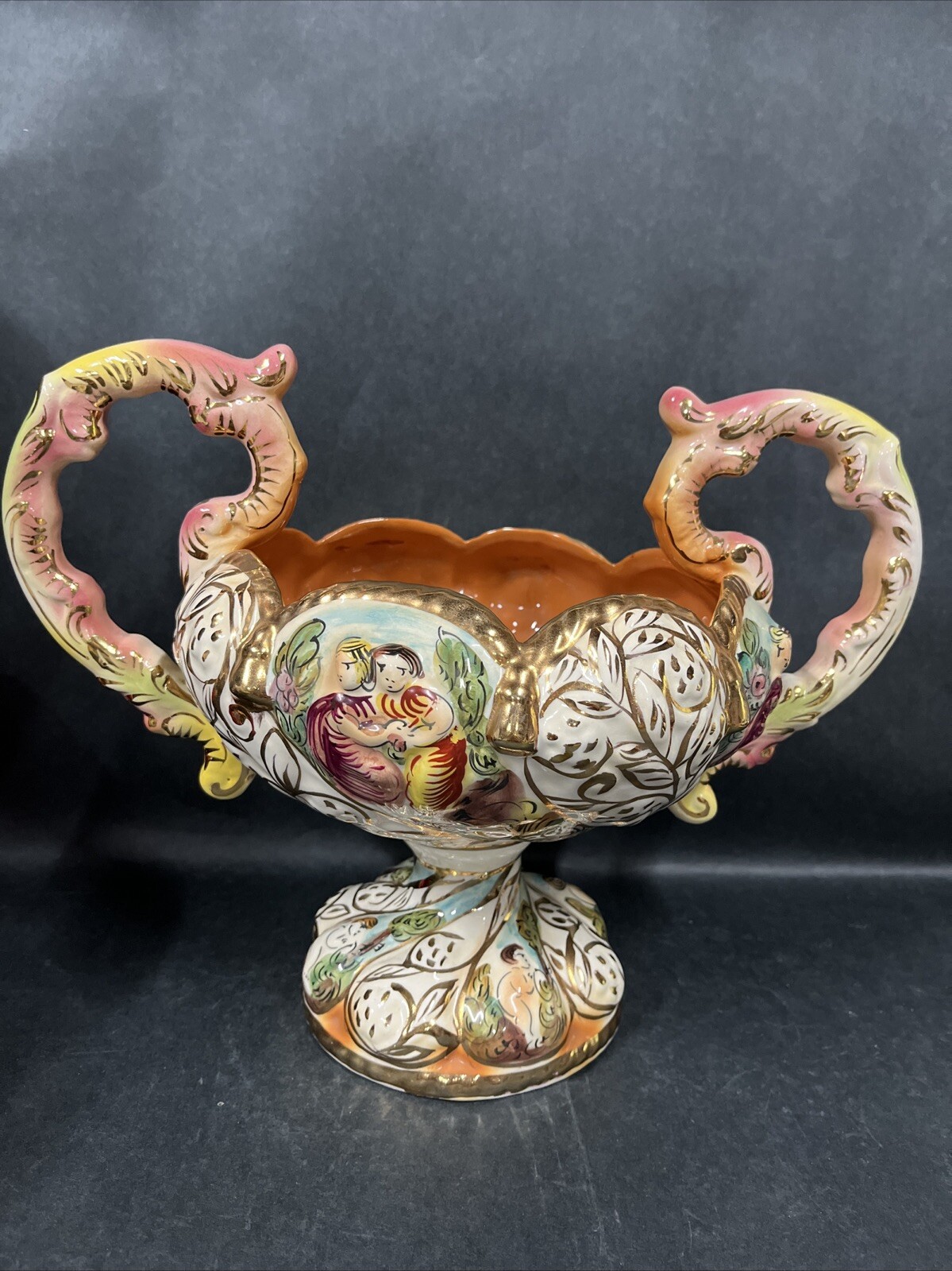 Rare VTG Italian Capodimonte Large Porcelain Figural Centerpiece Bowl w/Handles