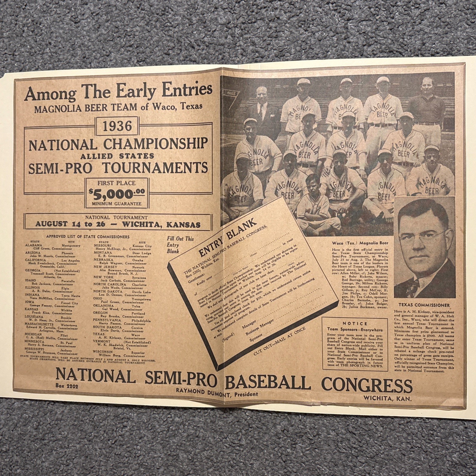 NBC Tournament Magnolia Beer Waco Texas 1936 Sporting News Baseball 11X16 Ad NBC Tournament Magnolia Beer Waco Texas 1936 Sporting News Baseball 11X16 Ad