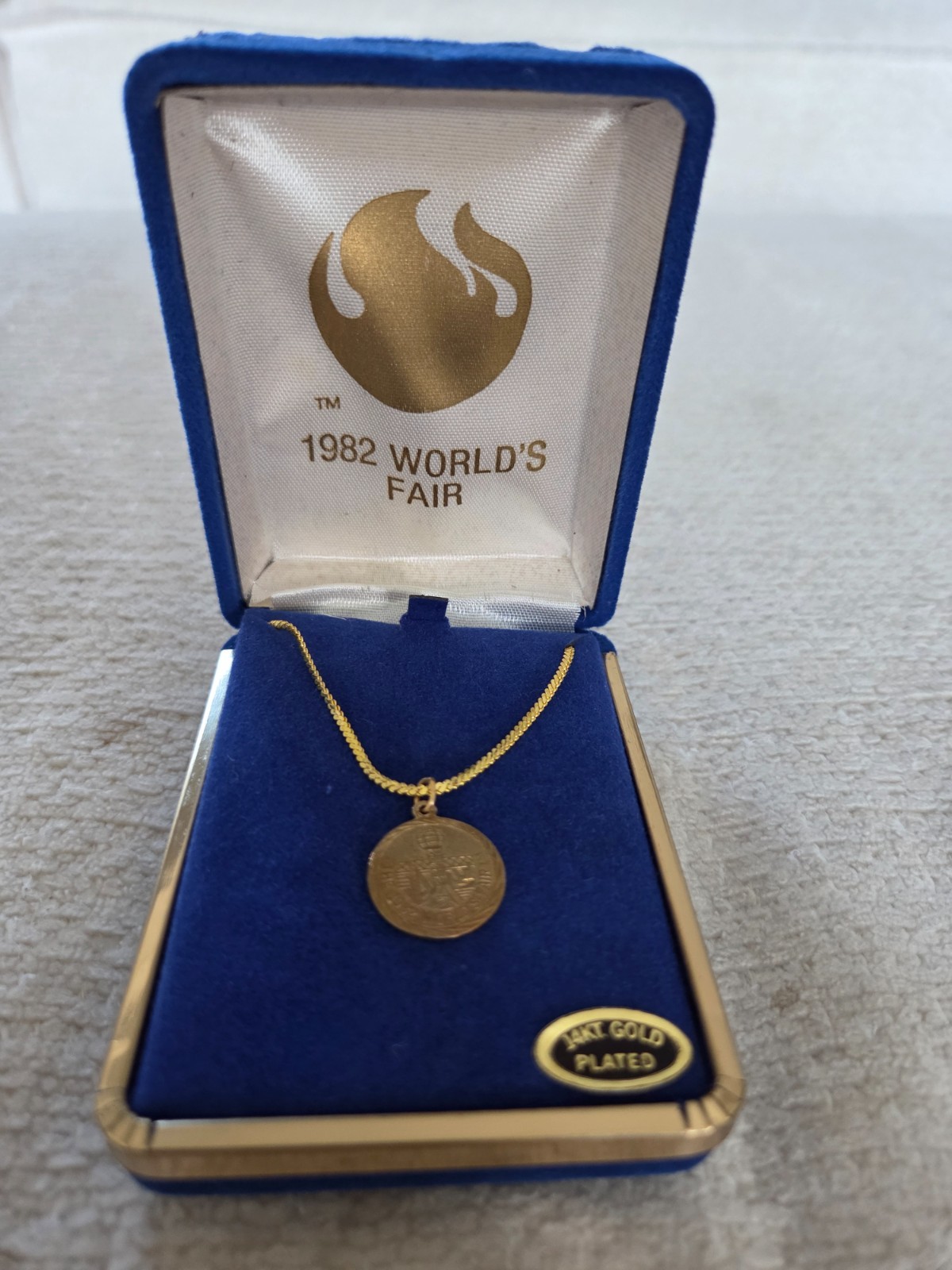 Vintage 1982 World's Fair 14k Gold Plated necklace, pendant, medallion