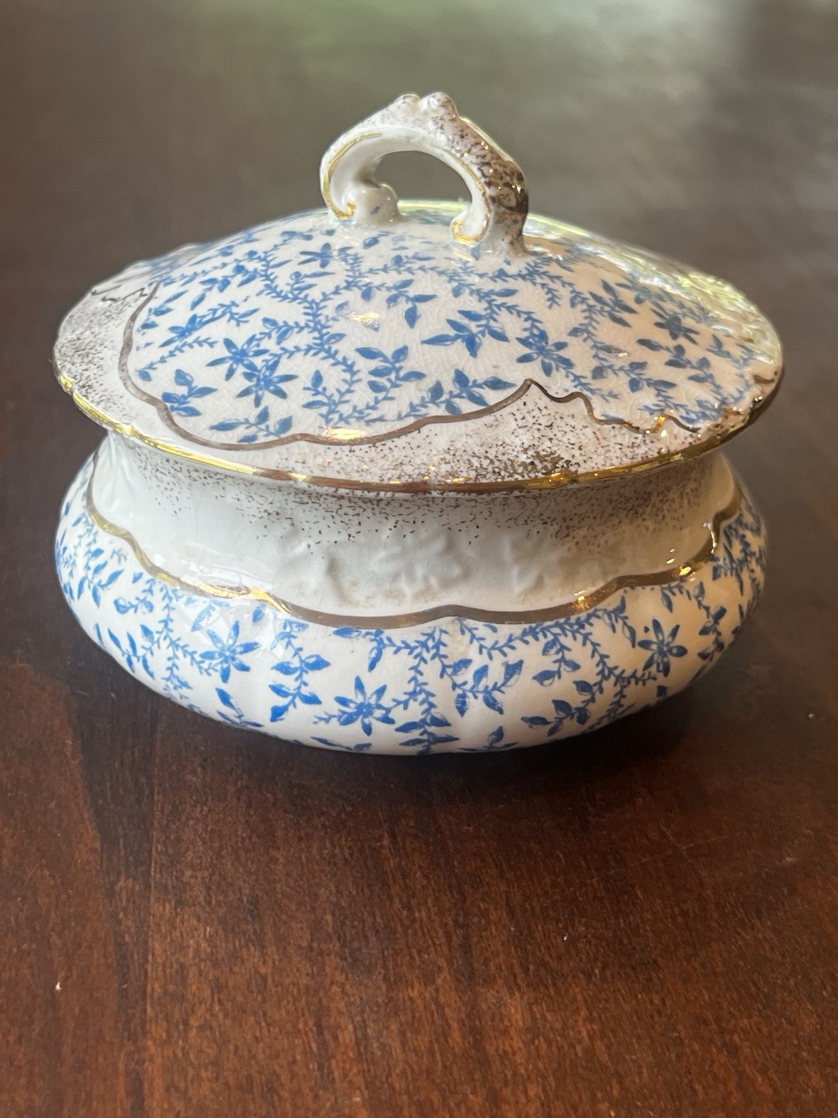 Antique KT&K Semi Vitreous Porcelain Covered Sugar Bowl Dish Blue Floral Gold