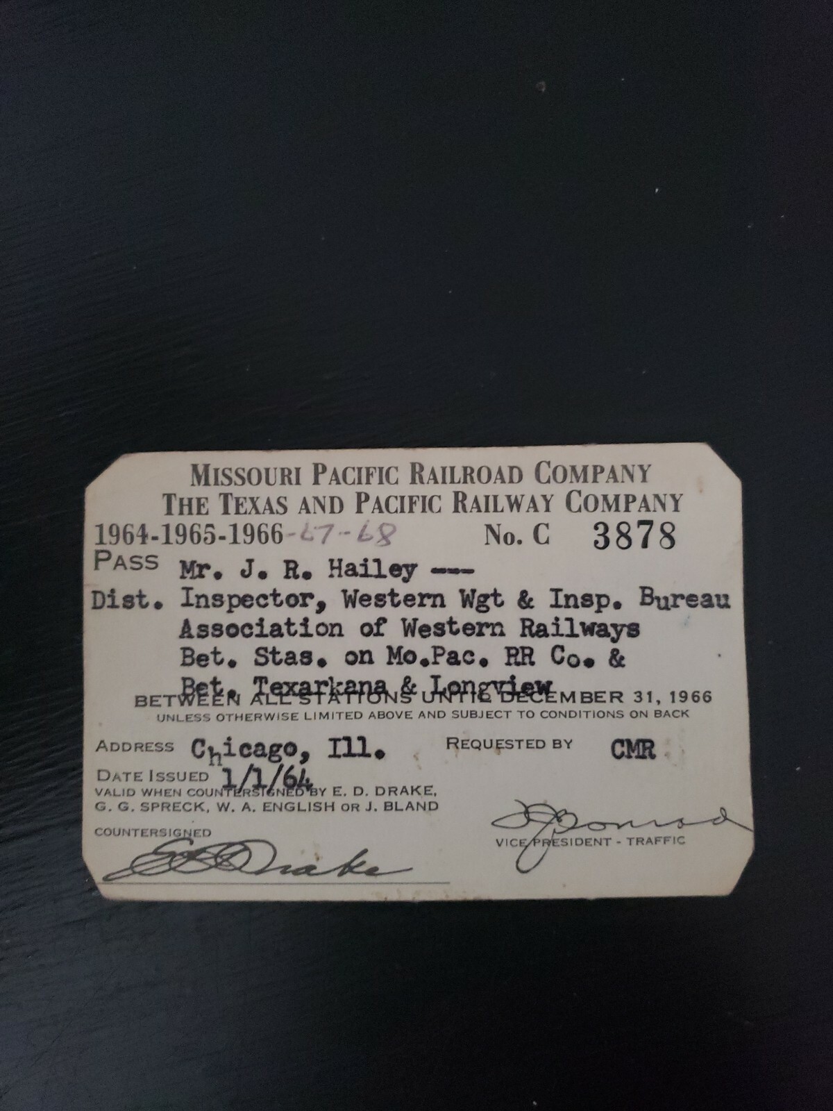 Vintage Rare 1964 - 1968  Texas & Pacific Missouri Railroad Railway Pass Ticket