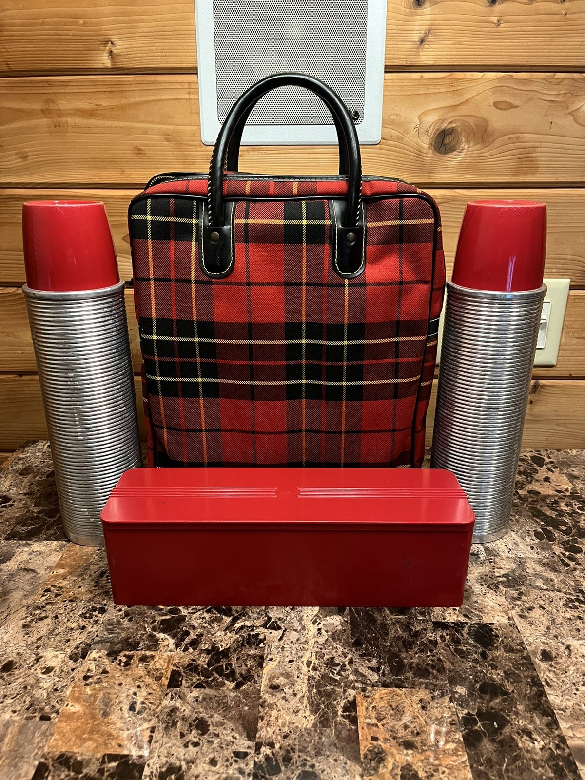 Vintage Red Plaid Thermos Travel Case Picnic Lunch Box Hot Cold Polly Red Caps