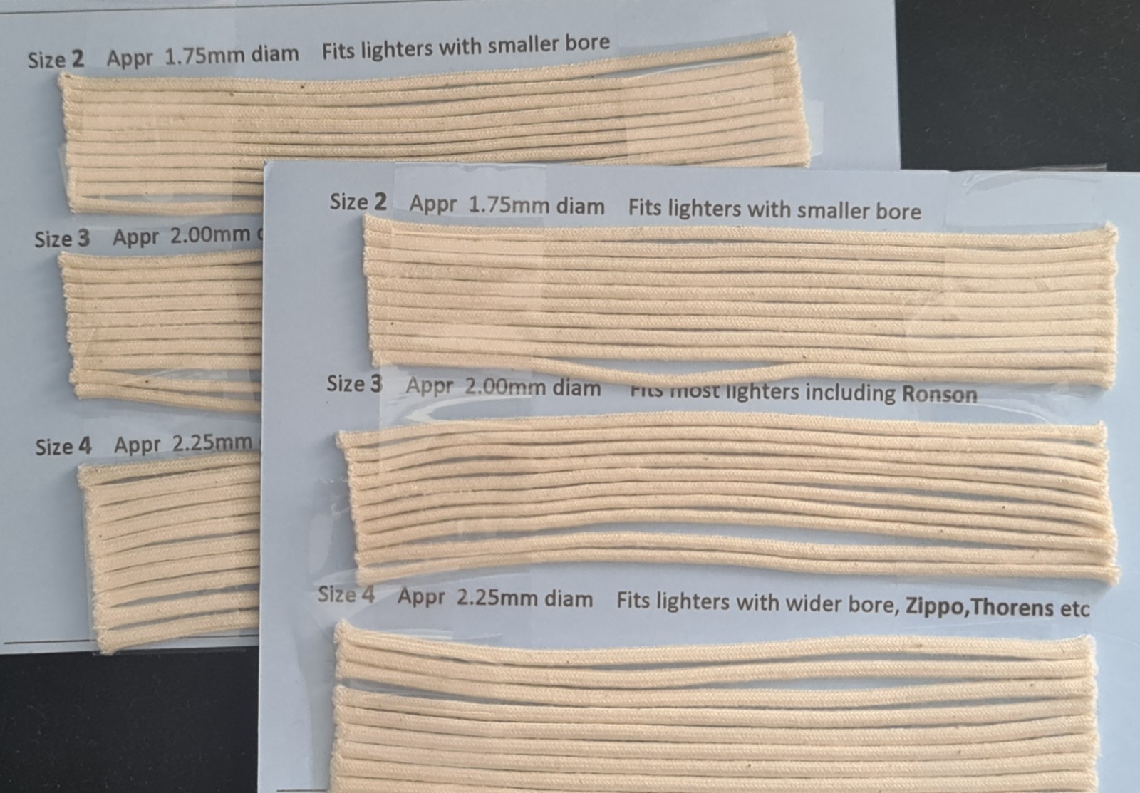 60 Mixed Finest British Petrol Lighter Wicks, 20 each of size 2,  3 and 4. 