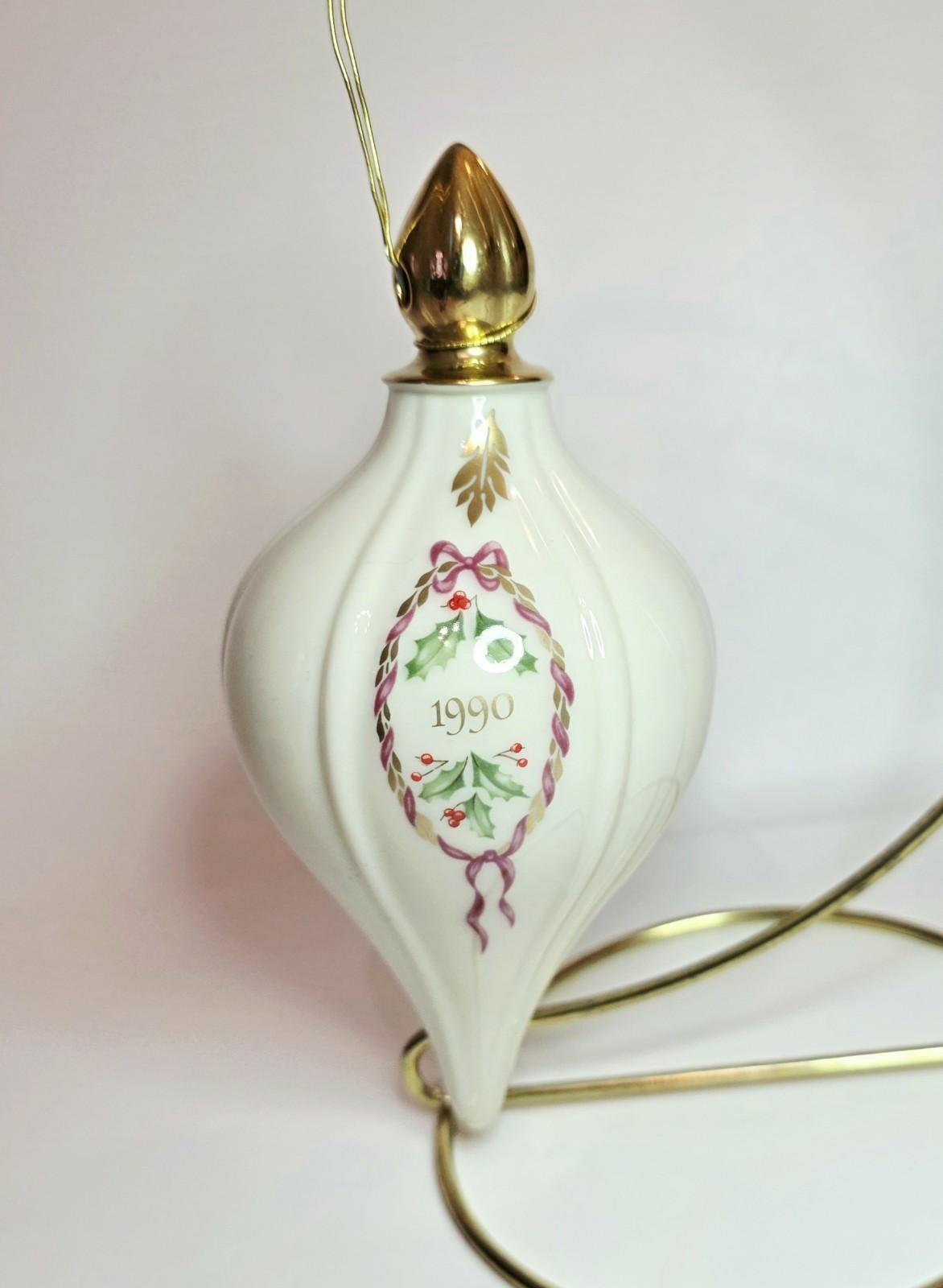 1990 LENOX Annual Christmas Ornament Teardrop Shape Porcelain w/Holly & Ribbon