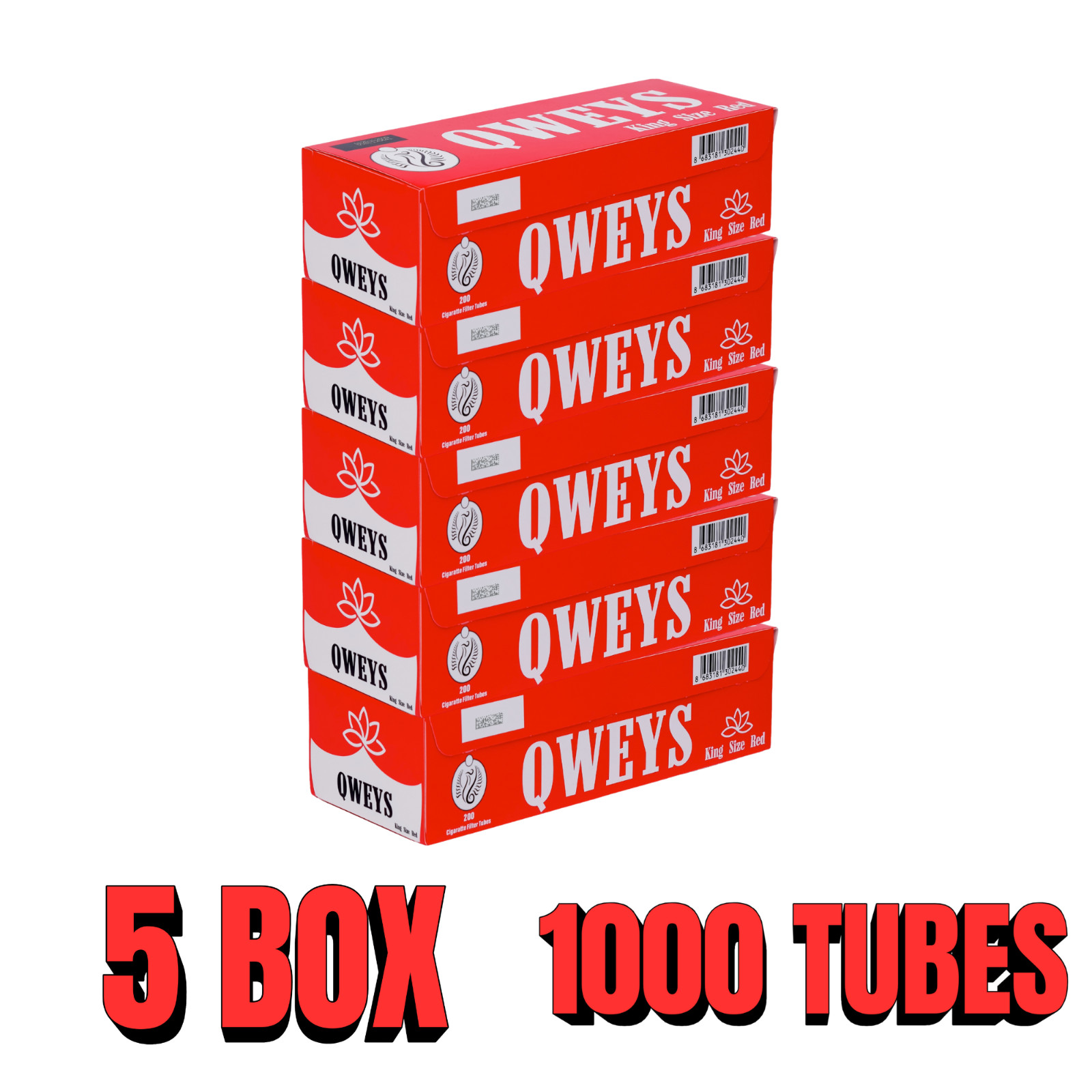 Cigarette Tubes King Size 5 Box of 200 Ct QWEYS RED Cigarette Tubes King Size 5 Box of 200 Ct QWEYS RED