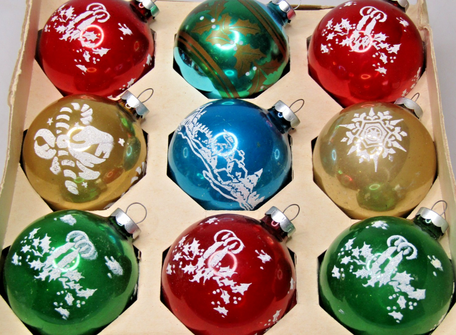 Lot VTG Glass Pictured Stencil CANDLE SILENT VILLAGE BALL Christmas Ornaments US
