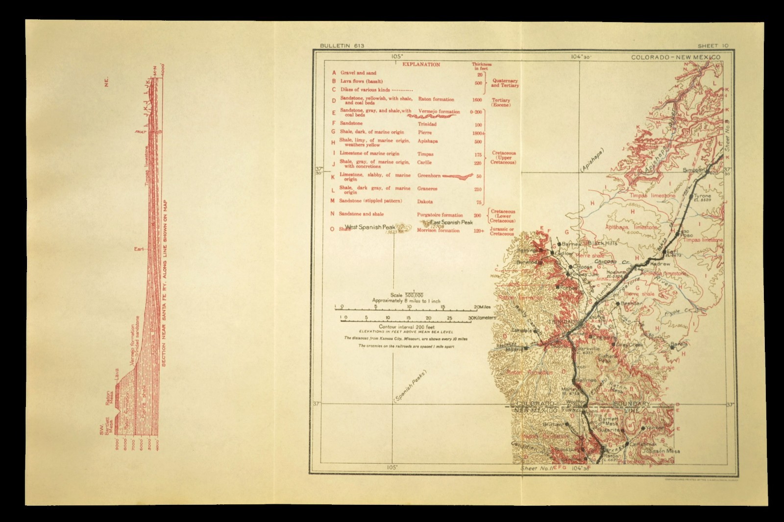 1915 Antique Santa Fe Railroad Map Line Trinidad Colorado Raton NM Geological 1915 Antique Santa Fe Railroad Map Line Trinidad Colorado Raton NM Geological