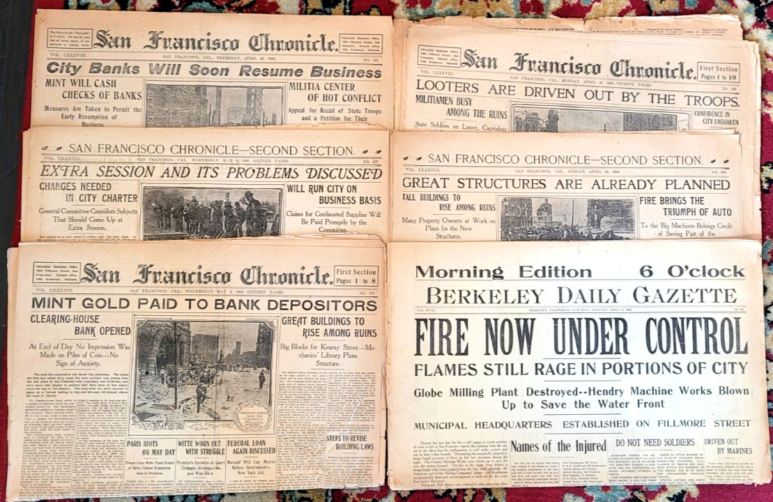 ​LOT OF 6 Original 1906 San Francisco Earthquake Newspapers Chronicle & Gazette