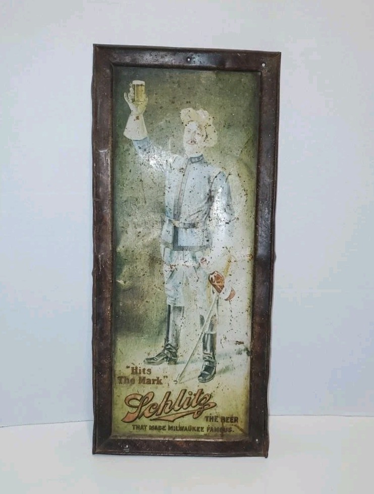 Antique PreProhibition Schlitz Beer Tin Sign Hits The Mark Shonk Litho Milwaukee