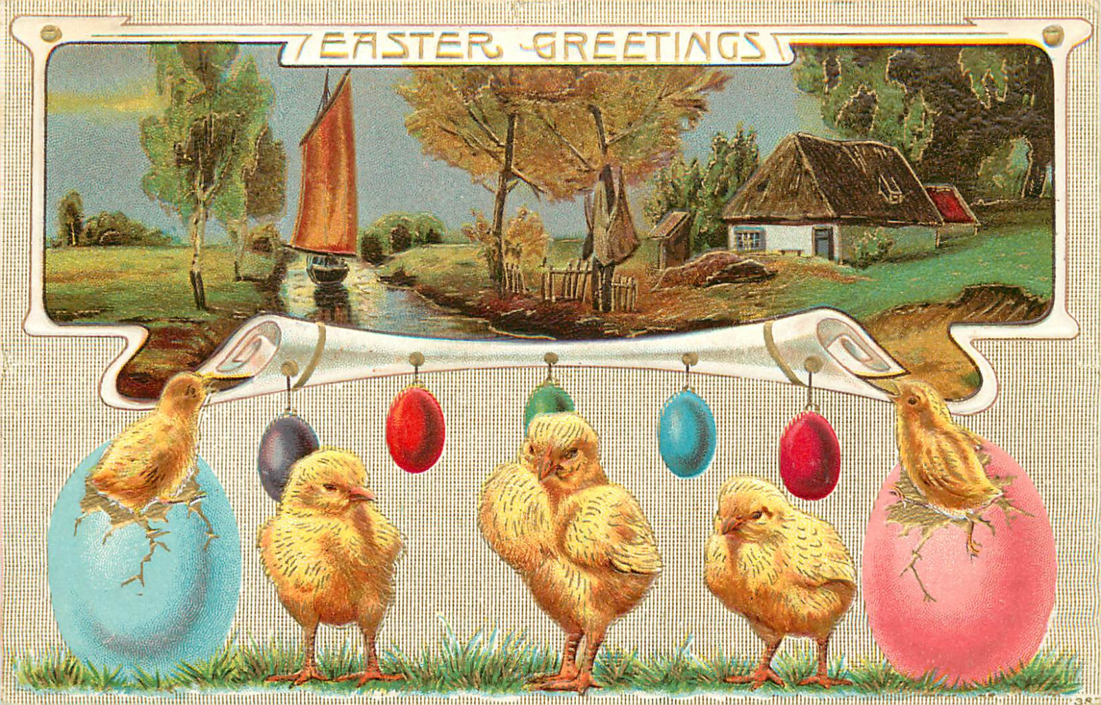 Embossed Easter Postcard Chicks Look At Bucolic Vignette