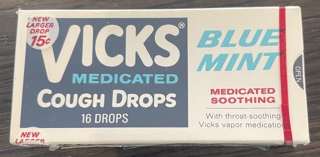 Vintage Pre-Barcode VICKS BLUE MINT COUGH DROPS  Cello-Sealed Box  New Old Stock