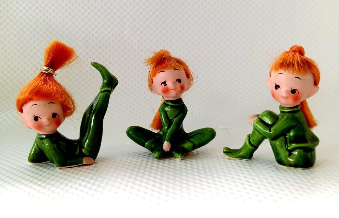 Pixie Elf Girl Red Hair Green Yoga Pose Set 3 Vintage Japan  Ceramic Figurines