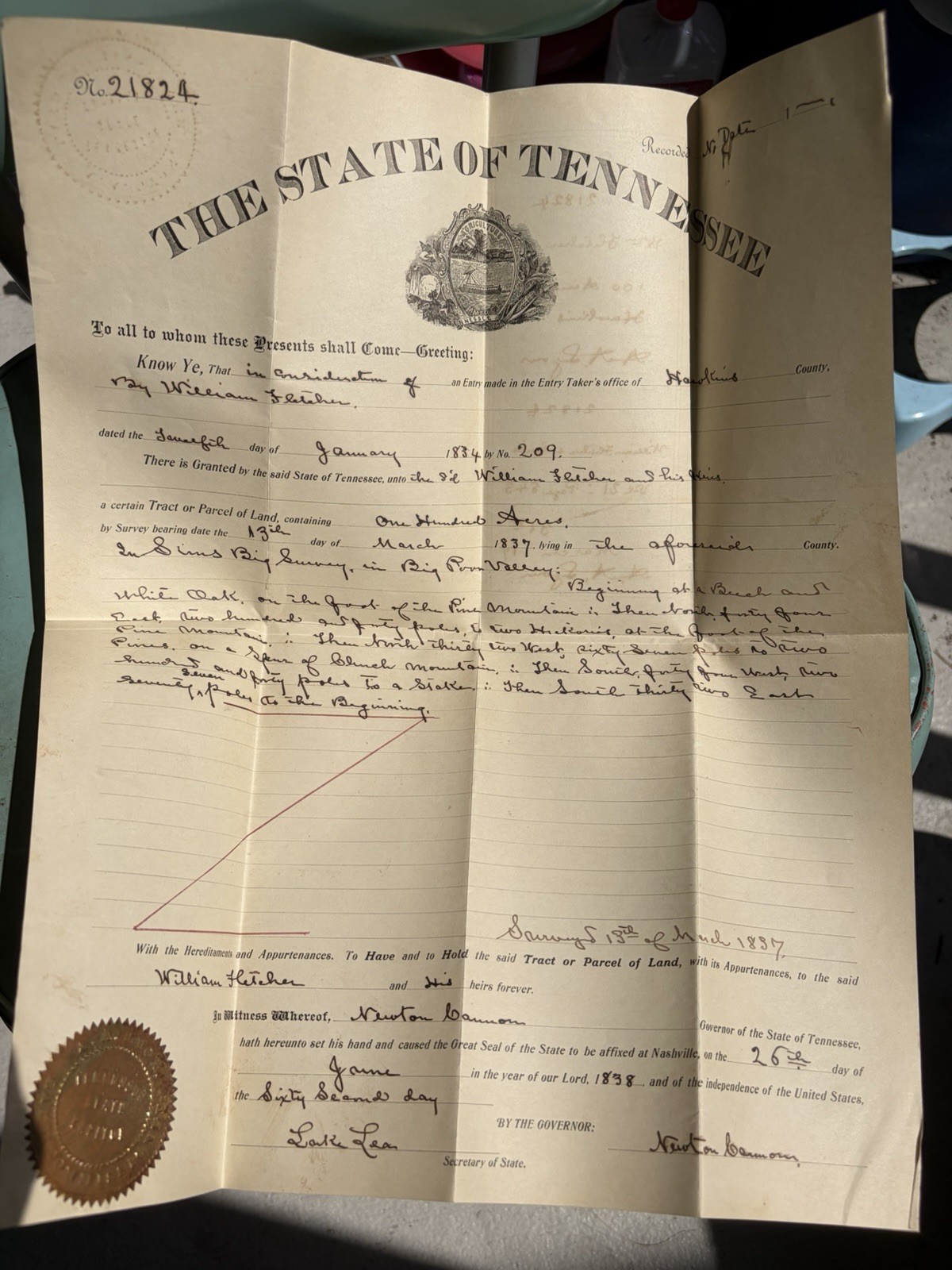 Antique 1917 Certified Copy Of 1830 Tennessee Land Grant With Seal