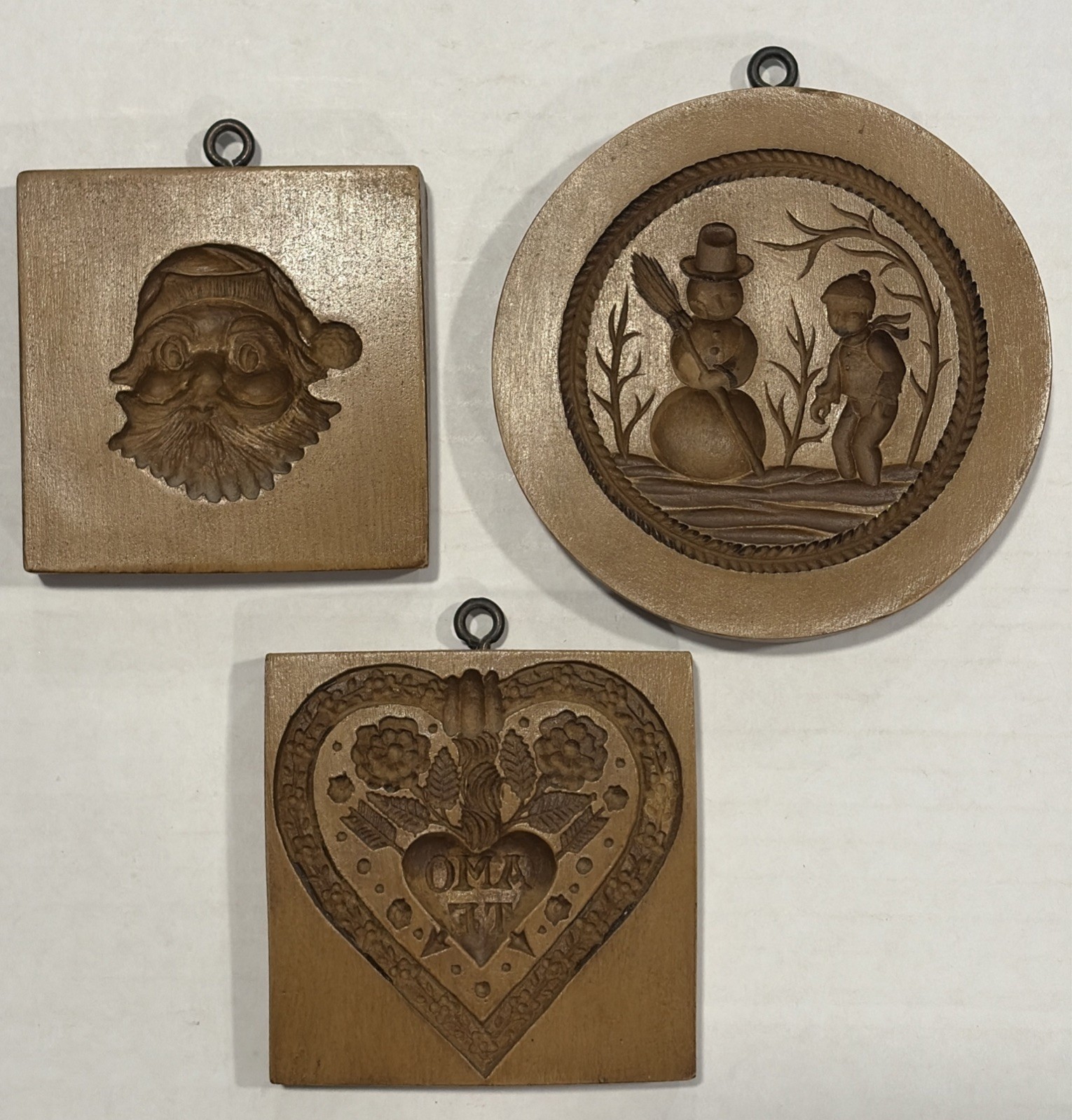 Lot Of 3 Springerle Cookie Press Stamp Molds - SNOWMAN And BOY, SANTA, HEART