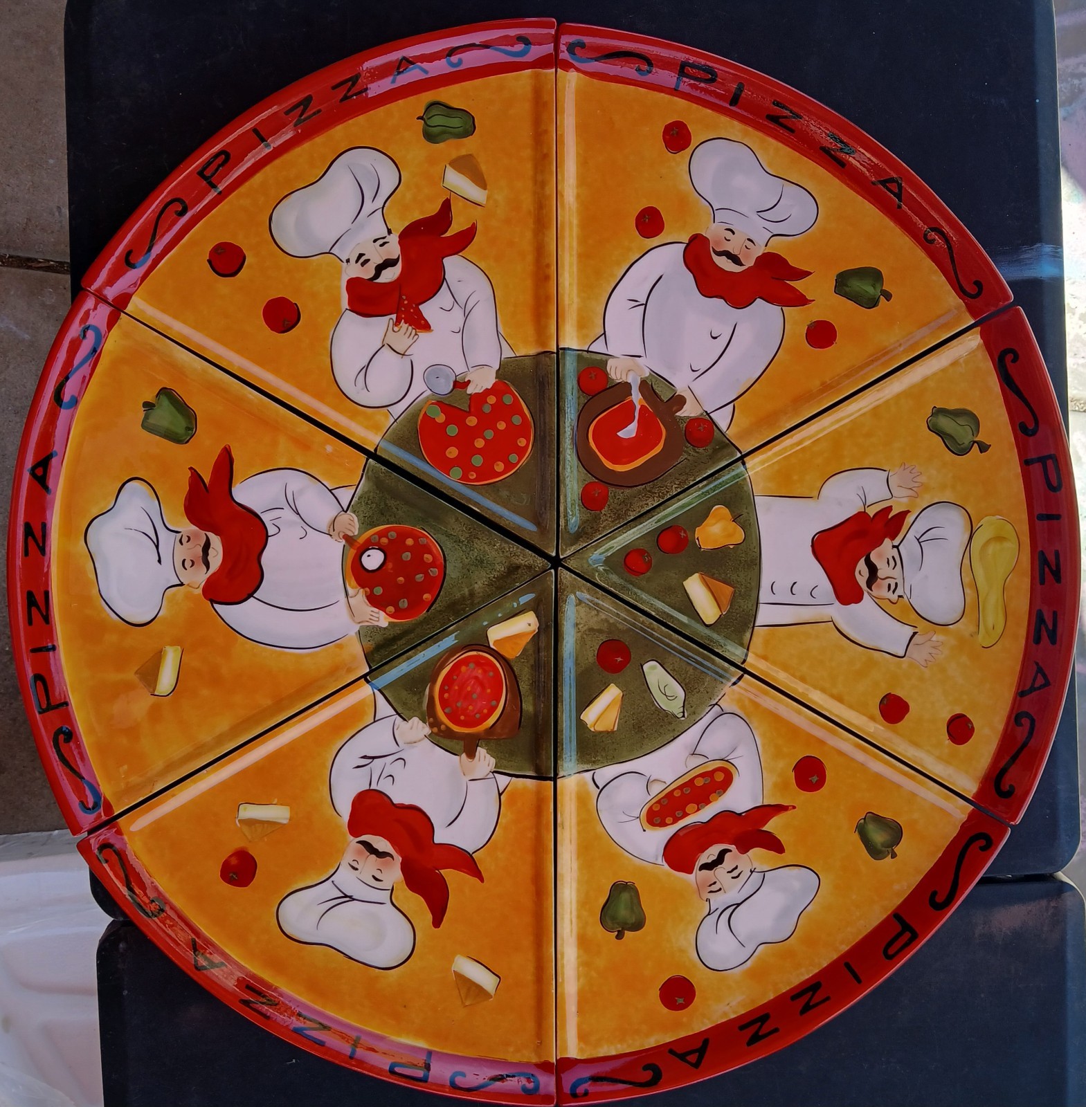Certified Intl. Jennifer Brinley 6 Pizza Slice Plate Set W/Chef Shaker-SEE NOTES Certified Intl. Jennifer Brinley 6 Pizza Slice Plate Set W/Chef Shaker-SEE NOTES