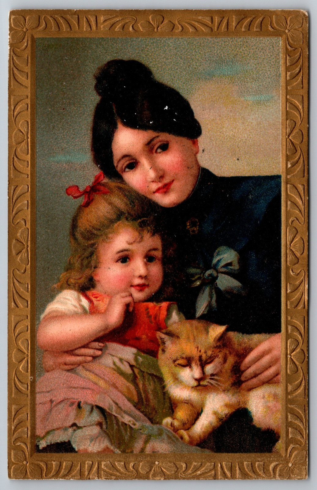 Woman Holding Young girl and a Cat Kitten - Antique 1907 Postcard J1