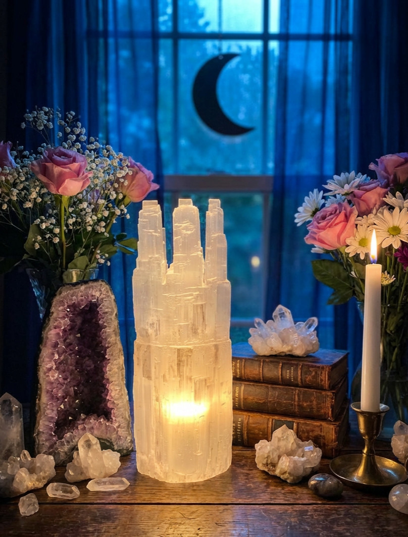 XX-LARGE SELENITE CRYSTAL TRIPLE TOWER LAMP - STANDING DISPLAY HEALING CRYSTAL