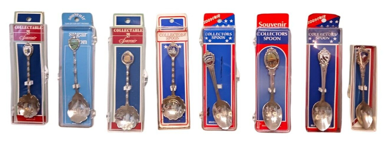Lot of 8 Vintage Souvenir Collector Spoons States, Places, & Landmarks USA Made