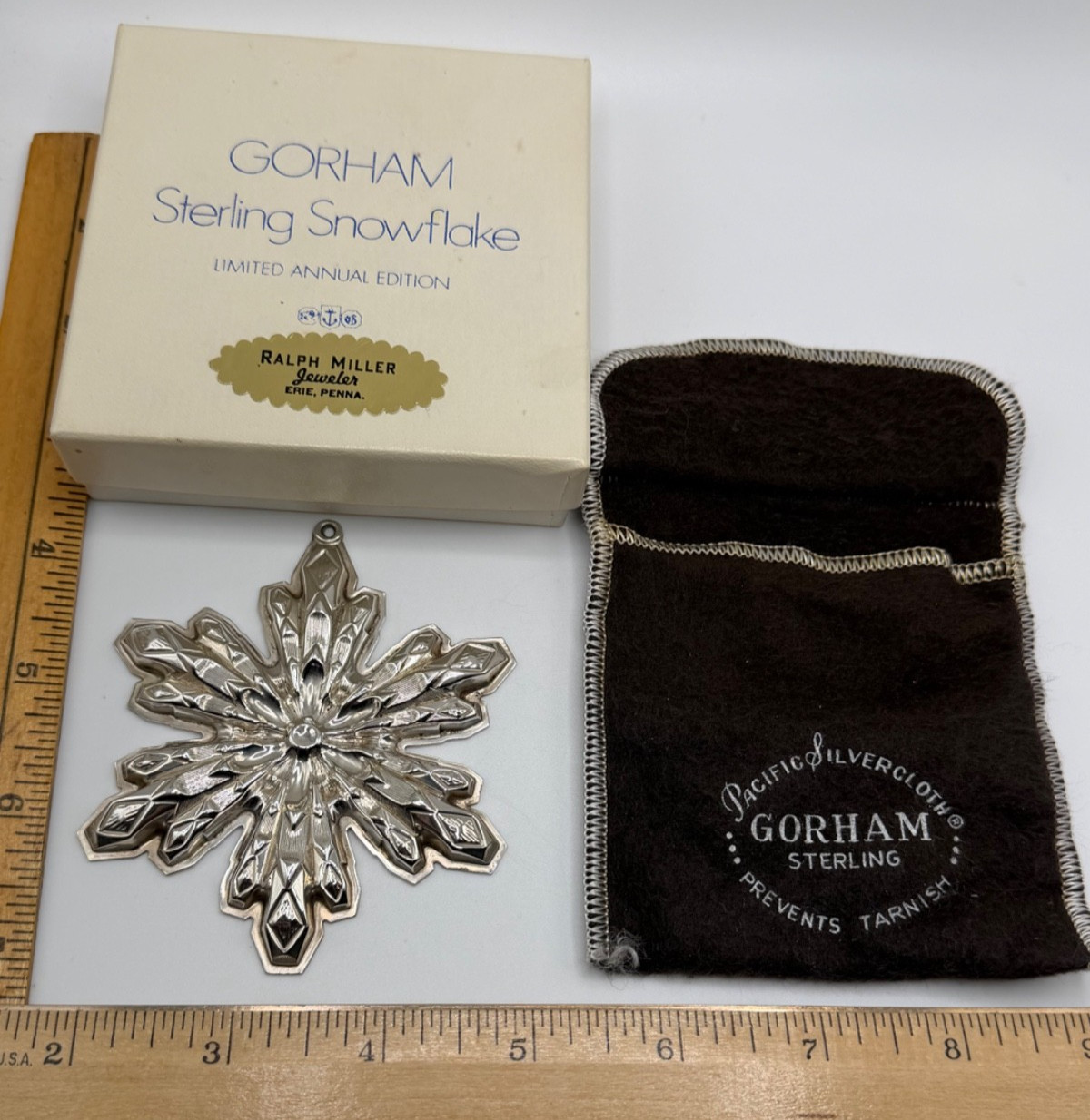 Gorham 23g Sterling Silver Snowflake Christmas Ornament. Vintage W Pouch & Box Gorham 23g Sterling Silver Snowflake Christmas Ornament. Vintage W Pouch & Box