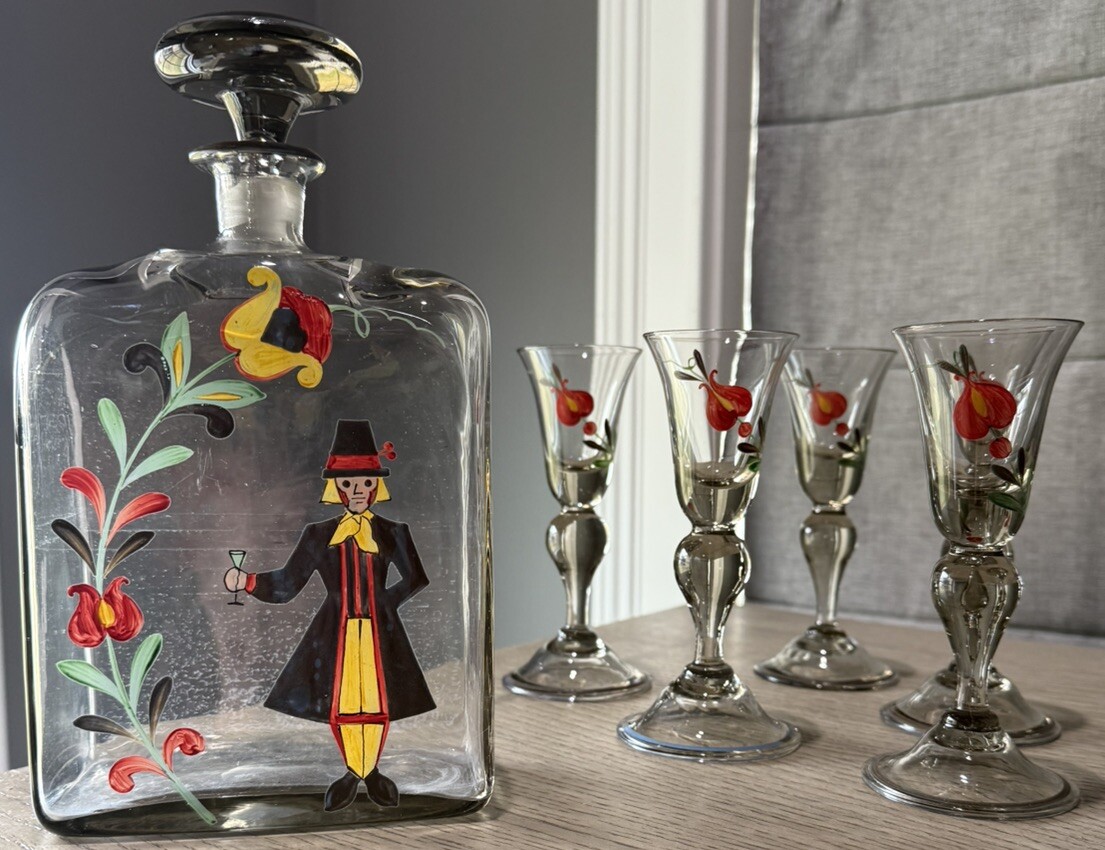 Antique OOAK Decanter Cordial  Glasses Hand Painted Bohemian Dutch Folk Art Set