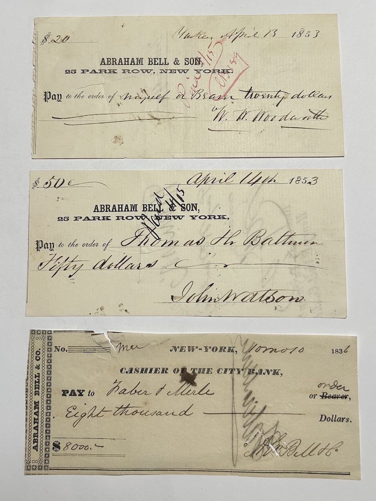 3 Antique 1830s-1853 New York Checks Abraham Bell & Son City Bank $8000 Rare Y91 3 Antique 1830s-1853 New York Checks Abraham Bell & Son City Bank $8000 Rare Y91
