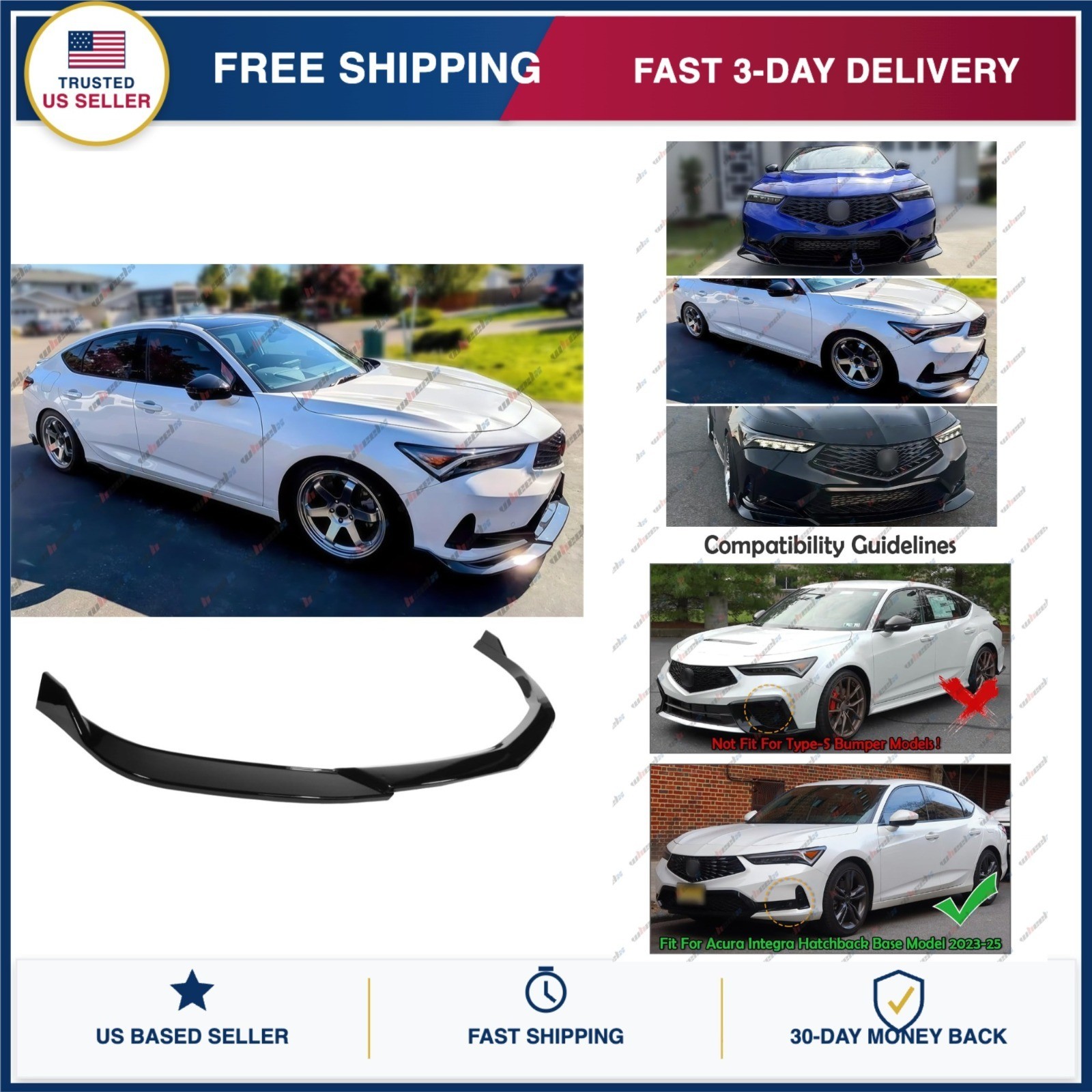 WheelX Front Bumper Lip for 2023-2026 Acura Integra Base Gloss Black 3Pcs
